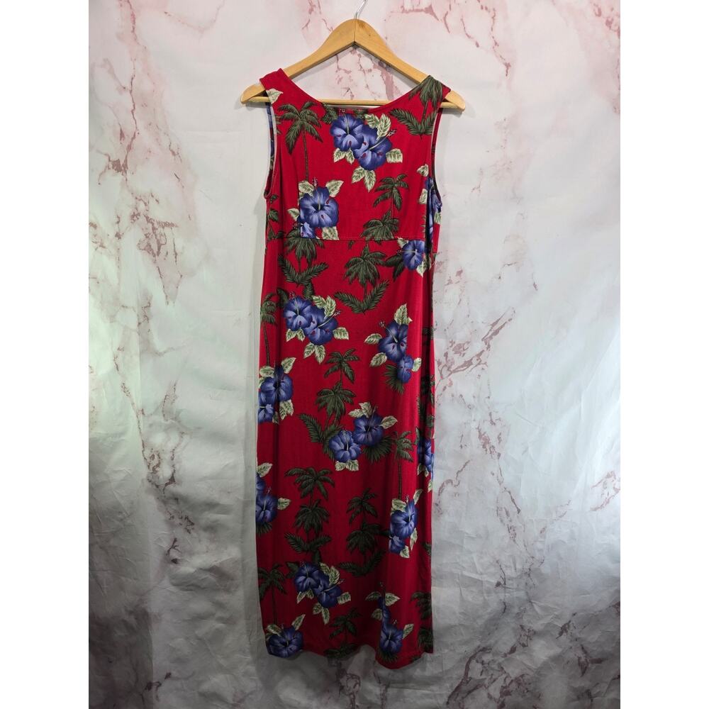Vintage Hawaiian Dress Women Medium Red Midi Maxi Floral Tank 90s Rayon Palm
